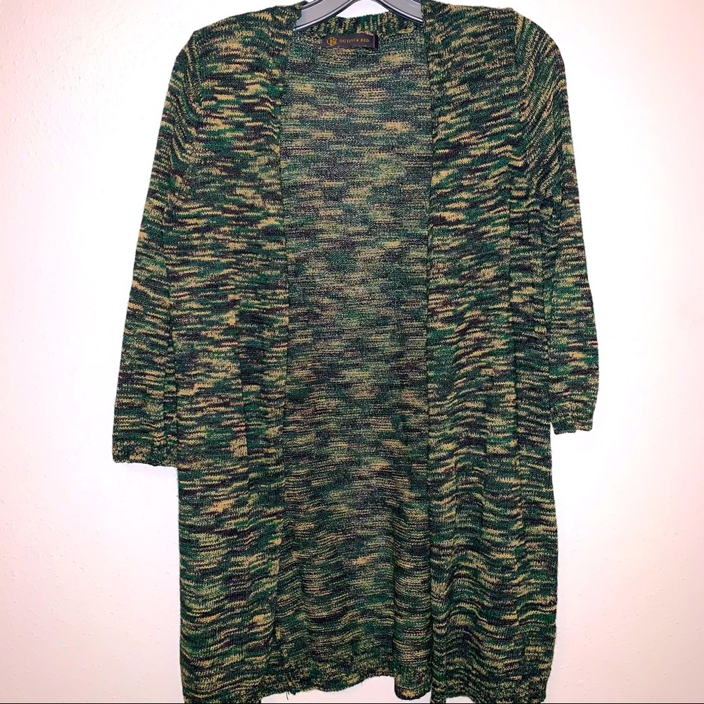 Outjack Red Medium Knit Open Front Green Tan Black Cardigan